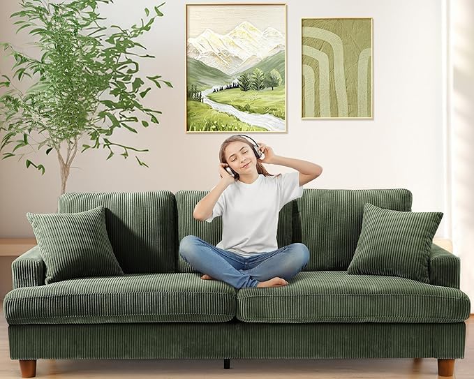 87in Corduroy Couch, Kidirect Sofa No Tool Assembly, Comfy Couches for Living Room 21in Deeper Seats, Corduroy Sofas for Living Room with 2 Pillows, Oversized Loveseat Sofa, Boho Love Seat Olive Couch