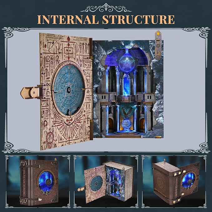 Book Nook Kit, DIY Miniature Dollhouse Magic Booknook Kit, 3D Wooden Puzzle Bookend Bookshelf with LED Light for Adults Teens (Circle of Magic)