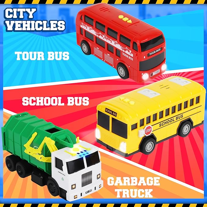 Playkidiz Toy Cars for Toddlers - 6Pcs Pull Back Cars Toys with Light and Sounds, City and emergency vehicles set, Including Police Car, Fire Truck, Ambulance, School bus, Tour Bus, Garbage Truck