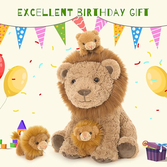 4Pcs Lion Plush Toy, 17.7" Mother Lion Stuffed Animal with 3 Cute Baby Lions, Wild Animal Stuffed Toy for Kids Boys Girls, Safari Animal Plushies Gift for Christmas Birthday Baby Shower
