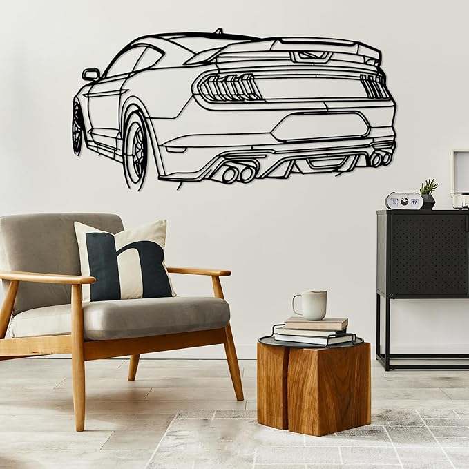 DecoSoul Mustang Metal Car Wall Art, Sports Car, Automotive Silhouette Line Decoration, Minimalist Sculpture for Garage, Indoor Outdoor Wall Hanging, Gift for Boyfriend (Black - 55 x 15.1” inch)