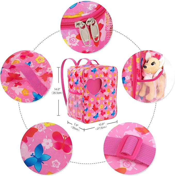 ZITA ELEMENT 18 Inch Girl Doll Backpack Butterfly Design Carrier Bag with Clothes and Accessories Including 18 Inch Dolls Clothes, Shoes, Sunglasses and Toy Dog