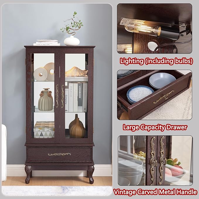 51" H Lighted Curio Display Cabinet with 2 Doors & 1 Drawer, Wooden Glass Curio Showcase w/Adjustable Shelves & Mirrored Back Panel, Storage Cabinet Display Case for Living Room(Dark Cherry)