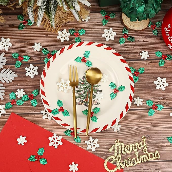 JUNEBRUSHS 120Pcs Miniature Resin Christmas Decorations, Mini Resin Snowflake Holly Leave Berries, Christmas Embellishment for Xmas DIY Craft Wreath Tree Home Table Decor Floating Vase Filler