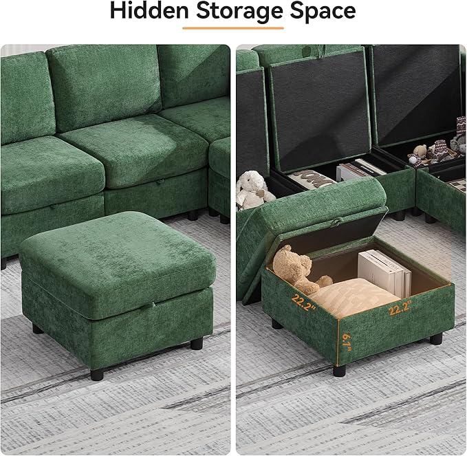 25”Square Storage Ottoman Module for Modular Sectional Sofa, Living Room Coffee Table Sectional Ottoman Footrest for Convertible Couch, Chenille Dark Green