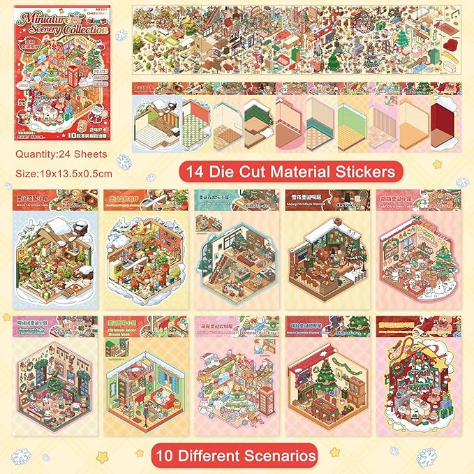 Christmas Sticker Book Collection, 10 Sets 3D Christmas Stickers, DIY 3D Miniature House Stickers Collection Book, Make Gifts for Adults and Kids, Fun Simulated Scene Game for Girls