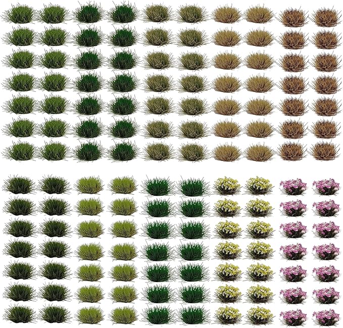 gdeplok 140 Pcs Static Grass Tufts & Miniature Flower Clusters - Artificial Grass Terrain Scenery Kit for Model Train Railway, Military Sand Table, DIY Diorama Landscape