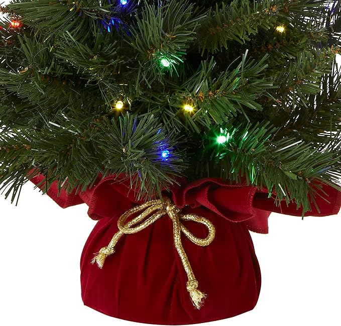 National Tree Company 24 in Pre-Lit Majestic Fir Artificial Christmas Tree, 35 Multicolor Lights, 71 Tips, Timer, Red Cloth Base, Green