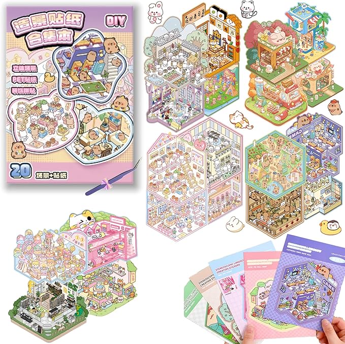 DIY 20 Sets 3D Sticker Scene Book - Stickers for Kids - Reusable Stickers - Improve Children's Imagination and Creativity - Enhance Parent-Child Relationship - Birthday Gift. (White)