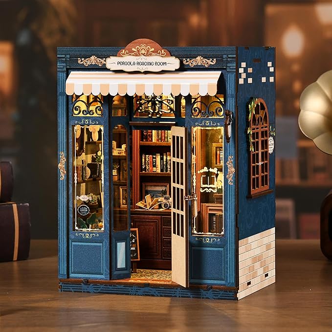 ISSEVE Book Nook Kit - DIY Miniature House Kit Book Nooks for Adults, Dollhouse Booknook Library Tiny House Bookshelf Decor 3D Wooden Puzzle Model Craft Kits Gift (Reading Room Bookstore)