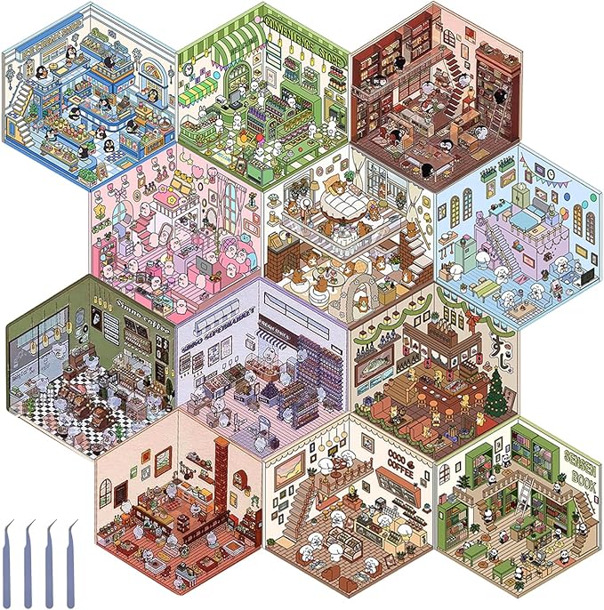 DIY 3D Sticker Scene, 12 Sets Fun DIY 3D House Stickers, Make Your Own Mini Room Scenes, Cute Cartoon 3D Miniature Scene Stickers Book Sticker Therapy for Adult Kids Relief Stress Pass The Time