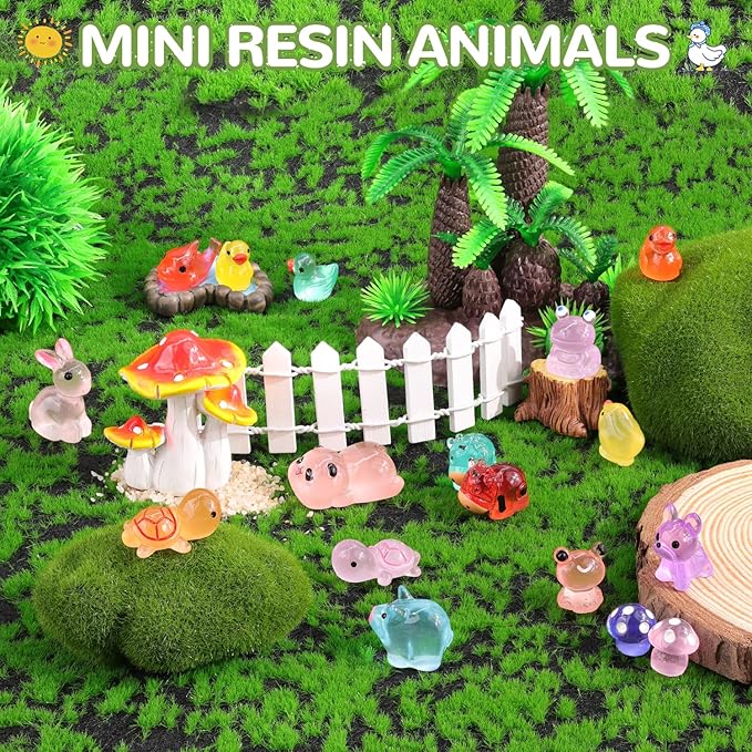 110PCS Mini Resin Animals Miniature Figures to Hide,Tiny Cute Figurines Glow in Dark, Little Animal Small Accessories for Topper Desk Garden Dollhouse Landscape Aquarium Ornaments Crafts & Decor