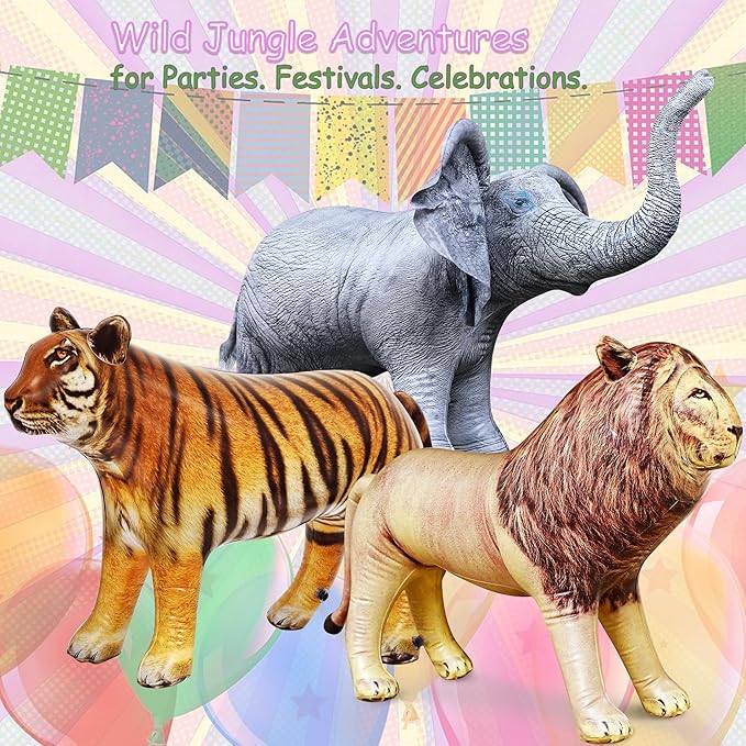 Jet Creations Life on Earth Wildlife Safari Inflatable, 3-PK, Lion, Tiger, Elephant, Realistic Animals for Party Decoration, Pool, Birthday, Jungle Photo Prop
