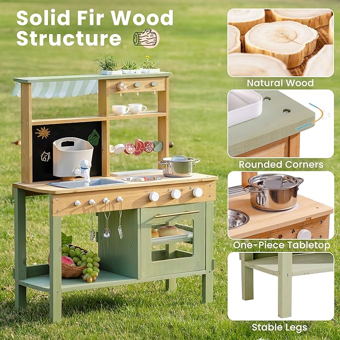 ROBOTIME Mud Kitchen for Kids, Outdoor Wooden Playset with Mud Kitchen, Sink, BBQ Grill, Coffee Maker, Planting Area & Oven, Pretend Play Kitchen for Outdoor Fun Ages 3+