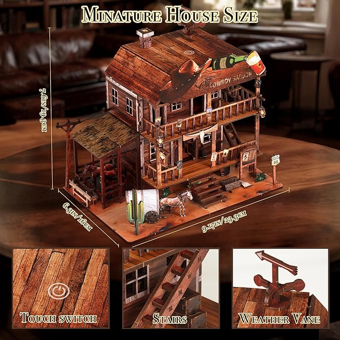 Cowboy Saloon Miniature Kit - DIY Miniature House Kit for Adults, Teens, Dollhouse Booknook Bookshelf Insert Decor with LED Light, 3D Wooden Puzzle Gifts for Family, Friends