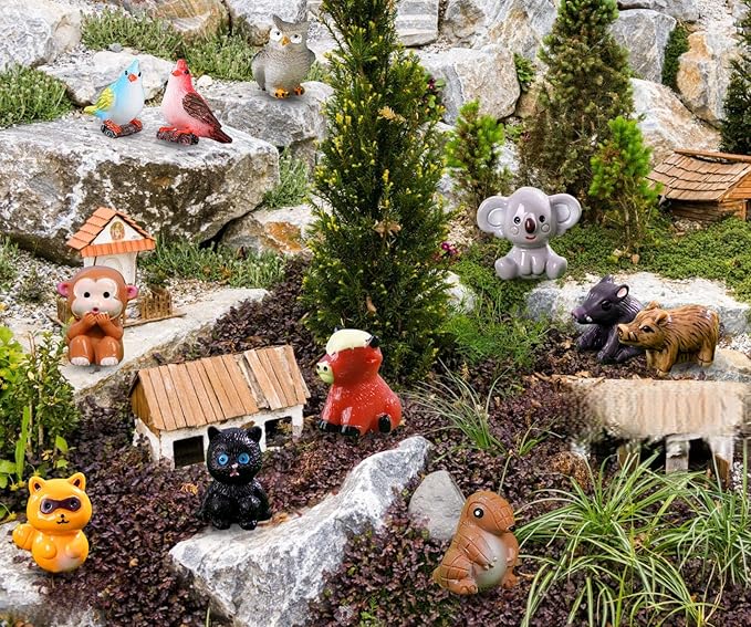 37 Pcs Mini Resin Animal Figurines for Dollhouse Fairy Garden Accessories Micro Landscape Decor Mystery Blind Bag with Tiger Elephant Owl Giraffe Panda Flamingo Fox Monkey Hippo