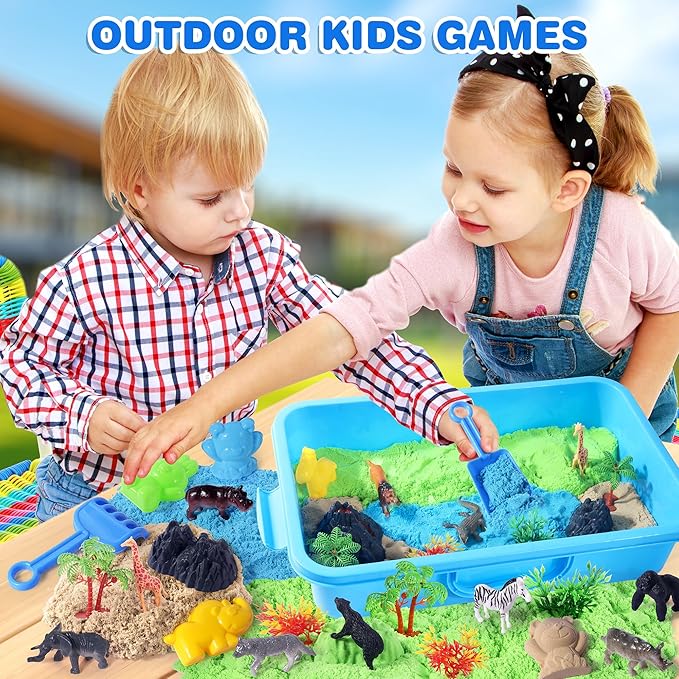 Billeeit Animal Sensory Bin Sand Toy, Play Sand Kit w/lid and 2.2lbs Moldable Sensory Sand, Molds, Tools, Map Set 35pcs Total, Fun Gift for Kids 3+