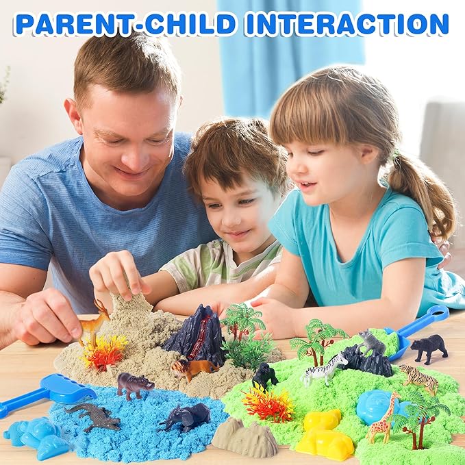Billeeit Animal Sensory Bin Sand Toy, Play Sand Kit w/lid and 2.2lbs Moldable Sensory Sand, Molds, Tools, Map Set 35pcs Total, Fun Gift for Kids 3+