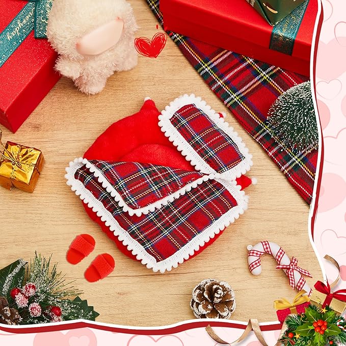 4 Pcs 17cm Doll Accessories Christmas Bedding Set Include Mattress Checkered Pillow Plaid Blanket and Slippers Bed House Furniture Heart Crown Designs (No Doll)