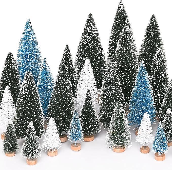 Waipfaru Christmas Decorations, Blue Bottle Brush Christmas Trees, 21 Pcs White Mini Christmas Trees, Miniature Pine Trees for Xmas Tabletop Crafts Indoor Table Home Decor (Blue & White)