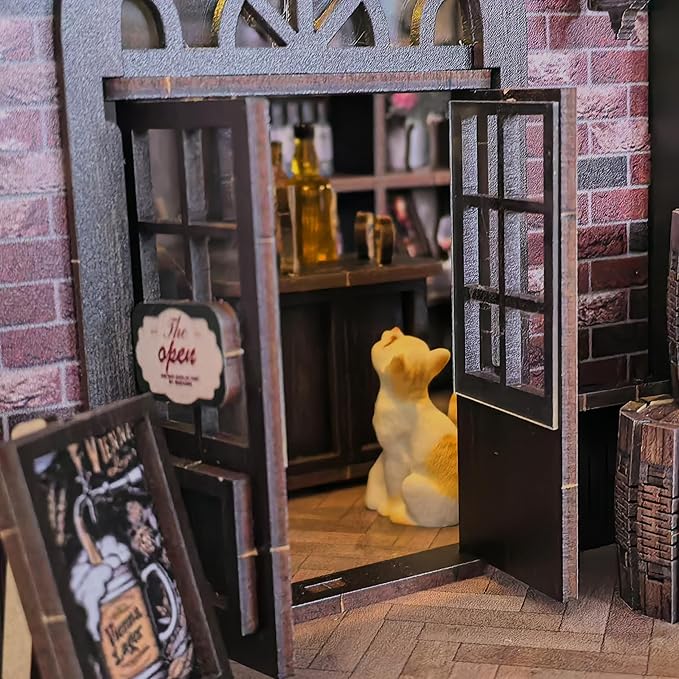 Book Nook Kit, DIY 3D Wooden Puzzle Miniature House, Vintage Pub Corner Tavern with LED Lights, Mini Dollhouse Building Kit Tiny House for Adults, Christmas Birthday Valentine's Day Gift for Family
