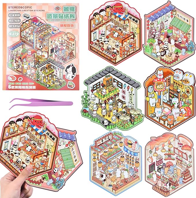DIY Mini Fun 3D Animal House Scene Stickers Book with Tweezers Make Your Own Bakery Restaurant Teahouse Shop Sticker Scenes Cute Micro Stickers for Relief Stress Pass The Time(6 Designs)