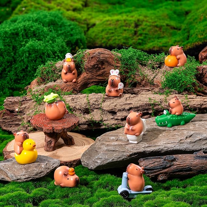 12pcs Mini Capybara Figures, Small Resin Animals Miniature Figurines Garden Accessories Little Gifts for Dollhouse Cake Toppers Car Dashboard Fairy Garden Stuff Decorations