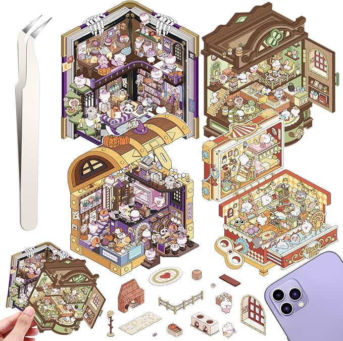 DIY 3D House Stickers, 4 Set Fun DIY Stickers Scene Make Your Own Warm Home, Supermarket, Coffee Shop, Music Bar, Cute 3D Cartoon Scene Stickers for Adult Kids Relief Stress Pass The Time (XM4.0)