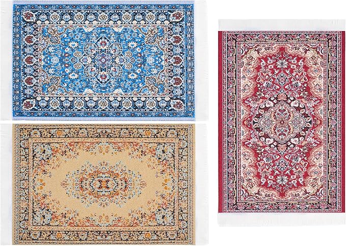 SAMCAMI Dollhouse Accessories Woven Carpet, 1/12 Scale Doll House Accessories and Furniture, Dollhouse Miniature Area Rugs 6” x 3.8”, 3 Pieces (No.1)