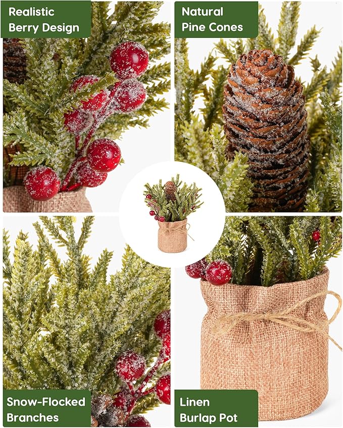 Velener Artificial Christmas Flowers for Outdoor-3 Pcs Faux Pine Branches with Red Berries & Pinecones, Fake Christmas Greenery Stems with Burlap Bag Vase, Winter Norfolk Pine Branches for Indoor