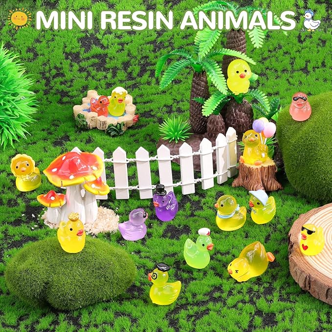 50PCS Mini Resin Animals Assorted Styles Tiny Ducks Glow in Dark,Miniature Duck Figures to Hide,Little Animal Bulk for Topper Desk Garden Landscape Aquarium DIY Crafts & Decor
