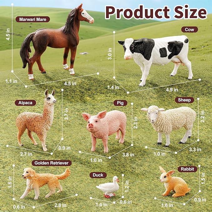 8PCS Farm Animals Toys for Kids Toddlers,Realistic Plastic Farm Animal Figurines Barn Toys with Marwari Horse,Cow,Rabbit,Dog,Sheep,Pig,Alpaca,Goose, Preschool Toy Birthday Gift for Boys Girls