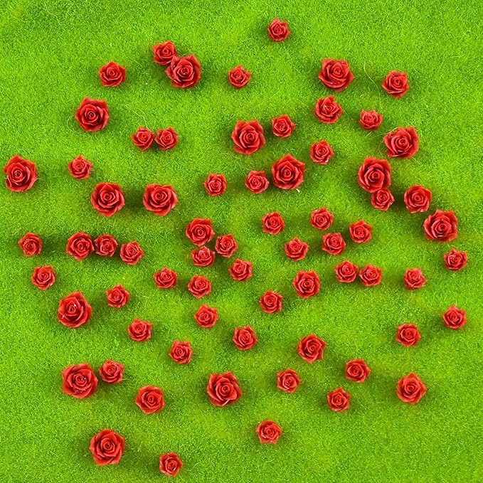 200 Pieces Tiny Red Rose Decor for Dollhouse Mini Resin Decor for Crafts Tiny Things for Fairy Garden Micro Landscaping Decoration