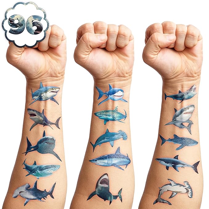 60PCS Realistic Shark Temporary Tattoos for Kids Birthday Party Decorations, Supplies– Ocean Sea Animal Fake Tattoos for Boys Girls – Under the Sea Party Favors, Classroom Rewards Gifts