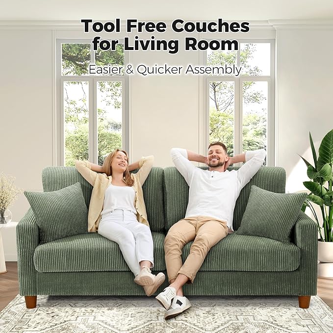 70in Corduroy Couch, Kidirect Sofa No Tool Assembly, Comfy Couches for Living Room 21in Deeper Seats, Corduroy Sofas for Living Room with 2 Pillows, Oversized Loveseat Sofa, Boho Love Seat Green Couch