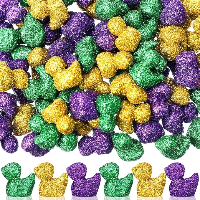 Yaocom 100 Pcs Mardi Gras Mini Glitter Duck Statue Purple Green Yellow Glitter Duck Figurines Micro Garden Landscape Dollhouse Cake Decoration Potted Plants DIY Craft Charms for Mardi Gras Party Gift