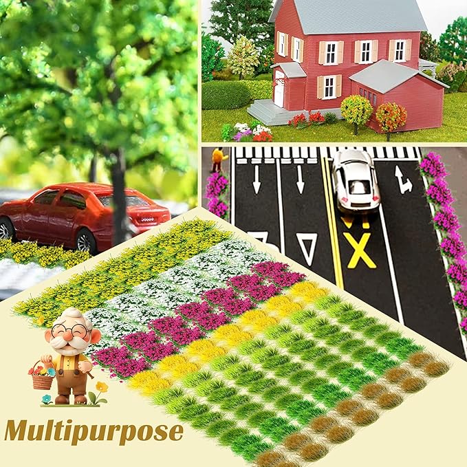 Potanro 126pcs Static Grass Tufts and Miniature Flowers Cluster for Crafts,Diorama Grass Base Supplies,Model Grass Scene Accessories for Train Railroad Scenery Sand Military Terrain Model