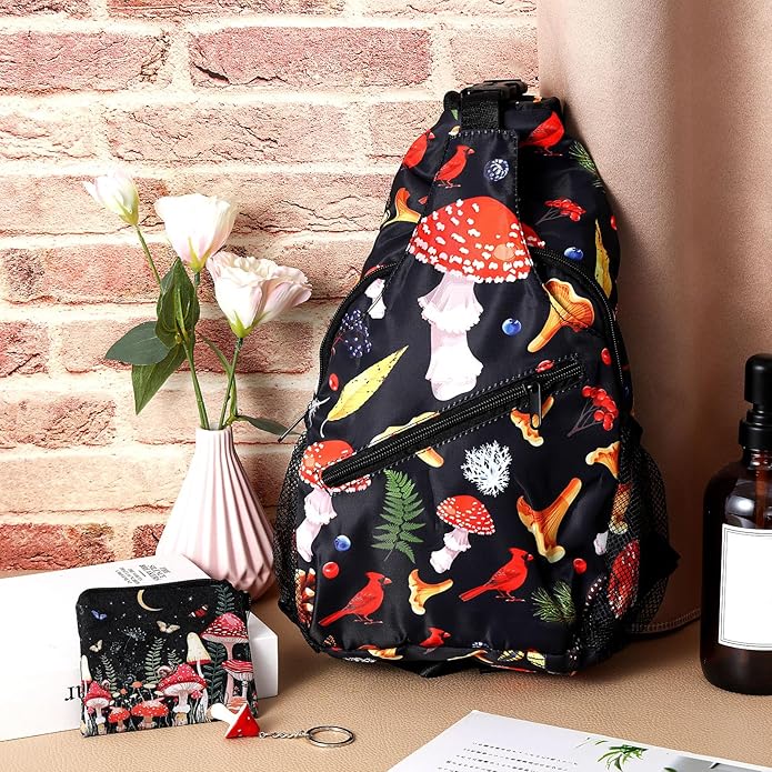 Paterr 3 Pcs Mushroom Gifts Stuff Decor Mushroom Sling Bag Backpack Keychain Purse Christmas Accessories for Women Hiking Lovers Birthday