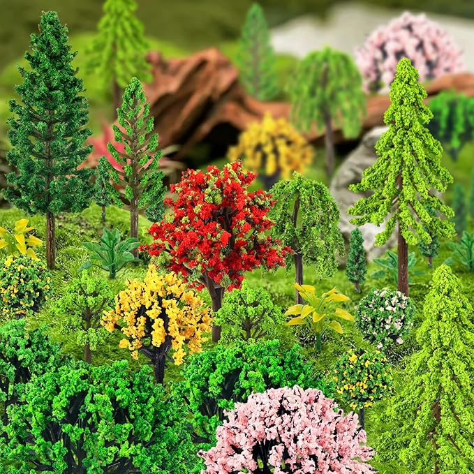 QUOZUO 38PCS Mini Model Miniature Trees, Mixed Model Colourful Trees Building Train Scenery Architecture Fake Trees for DIY Crafts, Building Model, Scenery Landscape