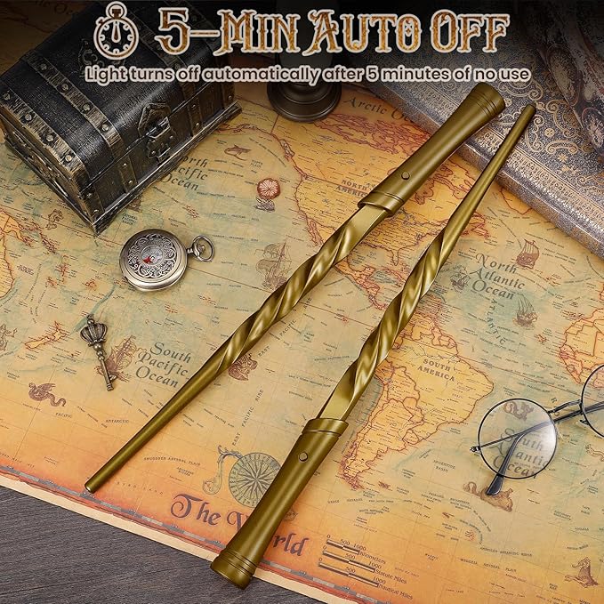 KingGlee Light Up Wizard Magic Wand Set with Sounds & 4 Light Modes – Illuminating Witch Wands for Kids Cosplay Birthday Gift, 2PCS, Golden