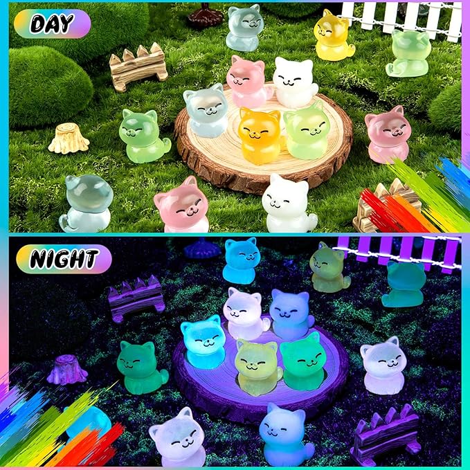 60Pcs Luminous Mini Resin Glow in The Dark Tiny Cat Ornament for Garden Landscape Aquarium Dollhouse Birthday Party Room Crafts Decor