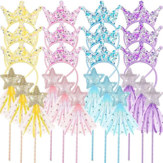 Hollowfly 48 Pcs Princess Party Favors Including 24 Glitter Star Fairy Wands and 24 Sequin Princess Crown Headbands for Girls Birthday Party Gifts