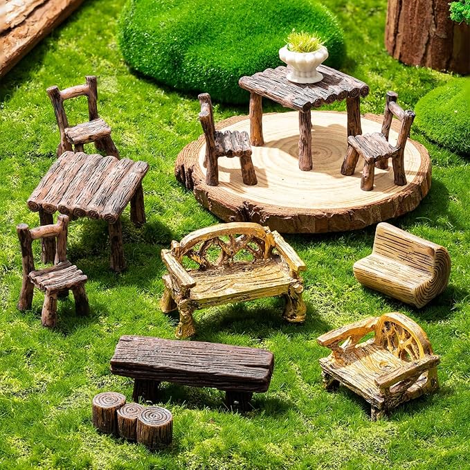 11Pieces Fairy Garden Furniture Ornaments Miniature Table and Chairs Set Village Micro Resin Bench Chair Kit for Dollhouse Accessories Home Micro Landscape Decoration (Vintage Style)