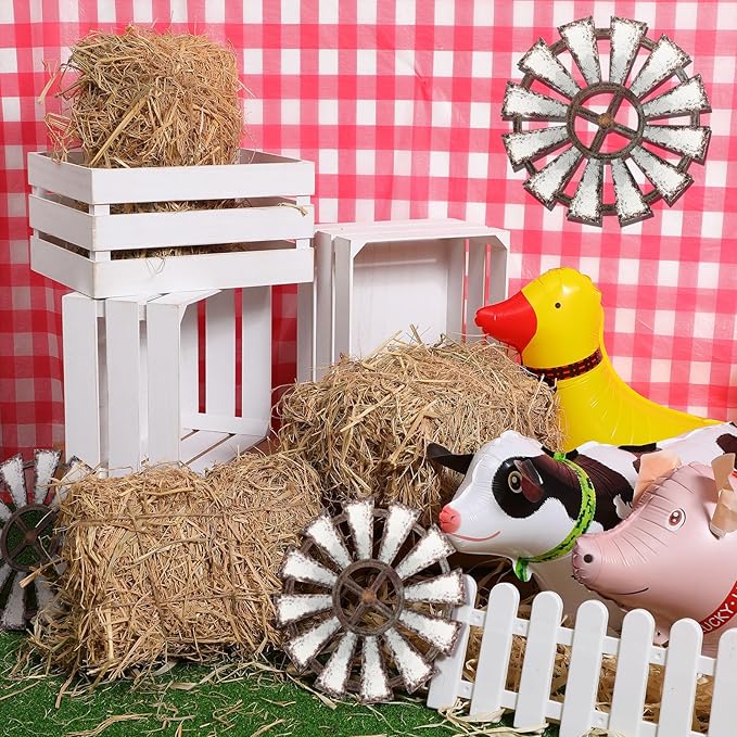 9 Pack Halloween 13 x 9 x 6 Inch Straw Hay Bale Stack Decoration Set Rustic Wooden Wagon Wheel Natural Hay Bales Boxes Western Cowboy Birthday Decor Photo Booth Props