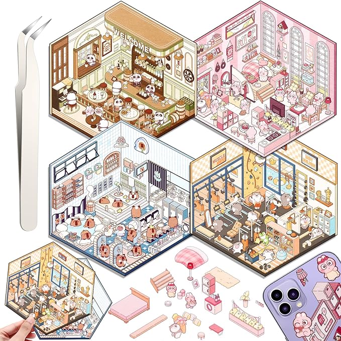 DIY 3D House Stickers, 4 Set Fun DIY Stickers Scene Make Your Own Warm Home, Supermarket, Coffee Shop, Music Bar, Cute 3D Cartoon Scene Stickers for Adult Kids Relief Stress Pass The Time (XMPLUS)