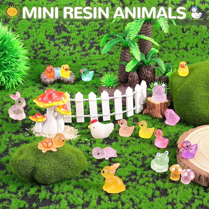 110PCS Mini Resin Animals Tiny Cute Figurines Glow in Dark, Miniature Figures to Hide, Little Animal Small Accessories for Topper Desk Garden Dollhouse Landscape Aquarium Ornaments Crafts & Decor