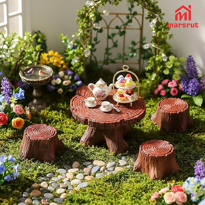 5Pcs Miniature Table and Chairs Set Fairy Garden Accessories, Mini Resin Village Furniture Ornaments Kit for DIY Craft Gift Dollhouse Succulents Home Outdoor Decoration