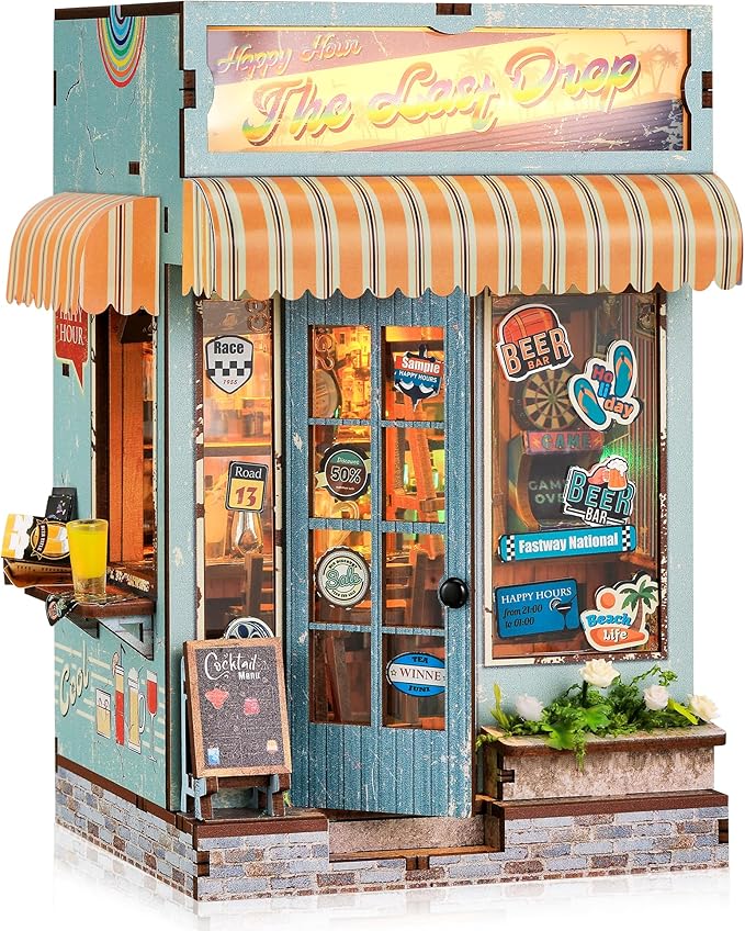 3D Wooden Puzzle Beer Bar Miniature Kit - DIY Dollhouse with LED Lights, Home Decor Display, Creative Gift for Adults and Teens (The Last Drop)