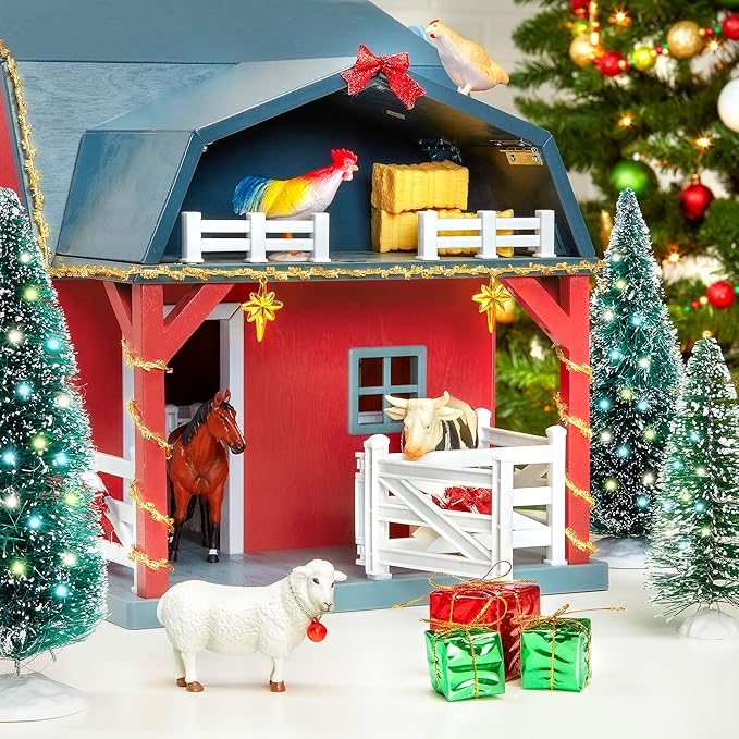 Terra by Battat - Wooden Animal Barn Toy Set with 20 Pieces - Farm Animals Toys for Kids 3-5 Years - Foldable Roof, Hay Bales, Pulley & Fences - Screen-Free Toddler Toys for Pretend Play