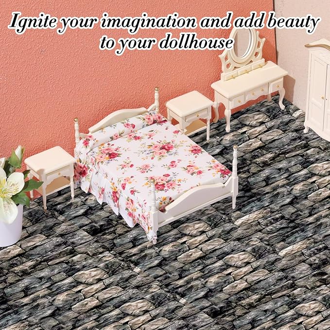 Flutesan 3 Pcs Miniature Dollhouse Wallpaper and Flooring Peel and Stick 1:12 Scale Self Adhesive Doll House Wallpaper DIY Mini Dollhouse Accessories 8.27 x 11.69 Inch(Stone Wall)